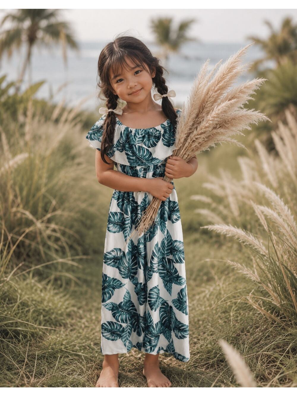 Under The Palm Trees Off Shoulder Monstera Romper Jumpsuit 4T